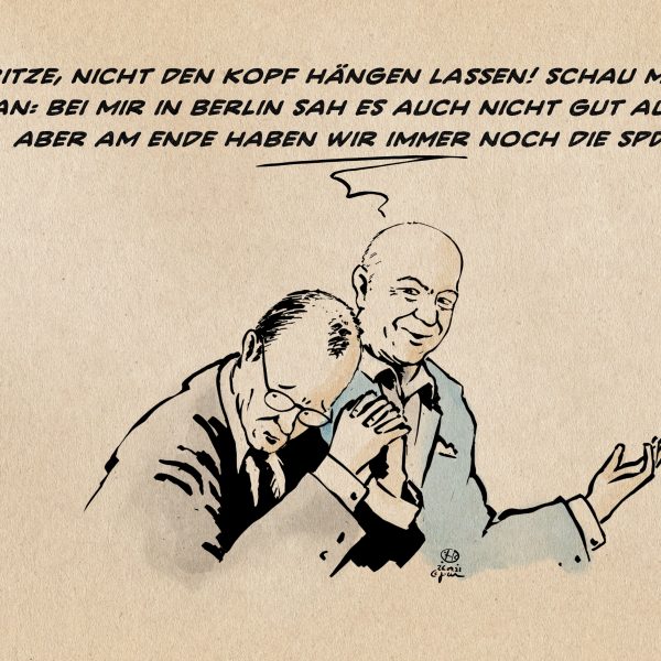Illustration: Ein betrübter Merz wird von Kai Wegner aufgemuntert. wegner sagt: Fritze, nicht denn Kopf hängen lassen! Schau mich an: bei mir in Berlin sah es auch nicht gut aus, aber am Ende haben wir immer noch die SPD
