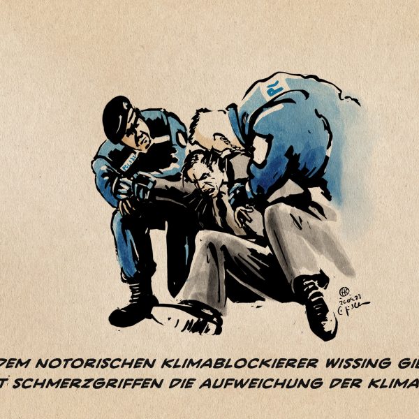 Illustration. Polizisten wenden bei dem sich sträubenden Volker Wissing Schmerzgriffe an. Textzeile: Bei dem notorischen Klimablockierer Wissing gibt es statt Schmerzgriffen die Aufweichung der Klimaziele.