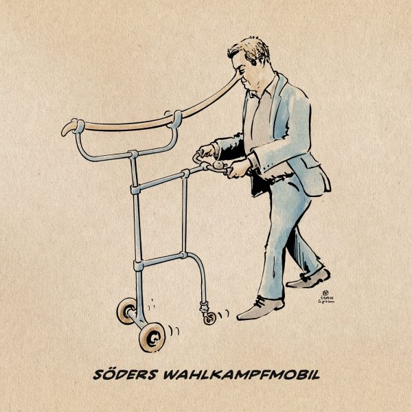 Illustration. Söder schiebt ein Tragegestell für seine überlange Lügennase vor sich her. Textzeile: Söders Wahlkampfmobil.