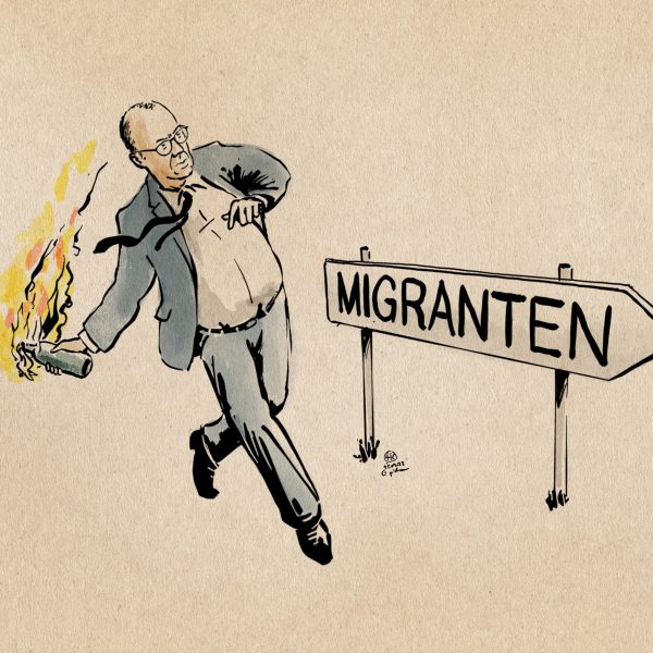 illustration. Merz wirft einen Brandsatz in die Richtung, die ein mit „Migranten“ beschriftetes Schild weißt.