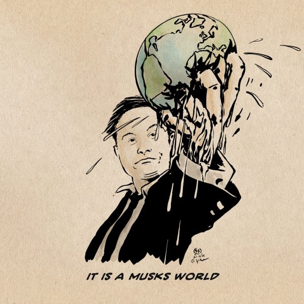 Illustration: Elon Musk presst mit der ausgestreckten Hand eine Weltkugel, so dass ihr Saft herausspritzt und quillt. Er betrachtet dies mit distanziertem, leicht amüsierten Blick.
