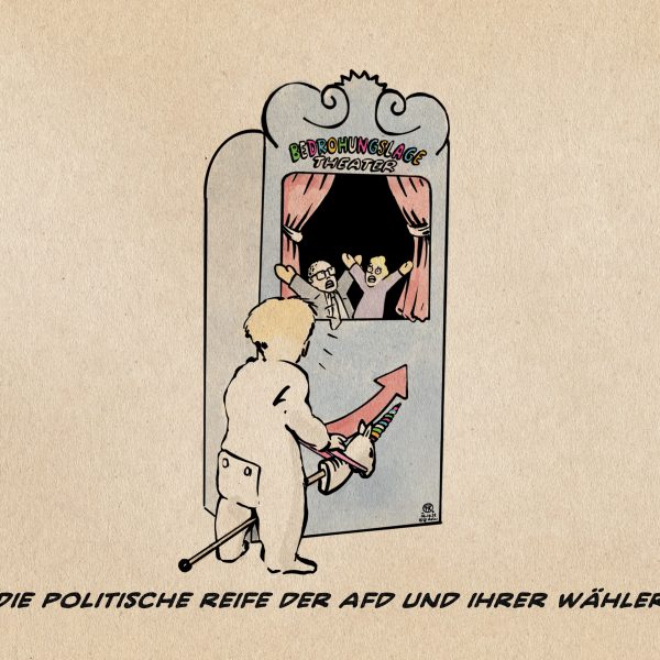 Illustration. Ein kleiner Junge mit einem Einhornsteckenpferd schaut erschrocken auf eine Kasperltheateraufführung bei dem gerade eine Männerpuppe und eine Frauenpuppe die Arme hochreißen. Das Kasperltheater ist blau und trägt das AFD Logo sowie den Schriftzug Bedrohungslage-Theater.
