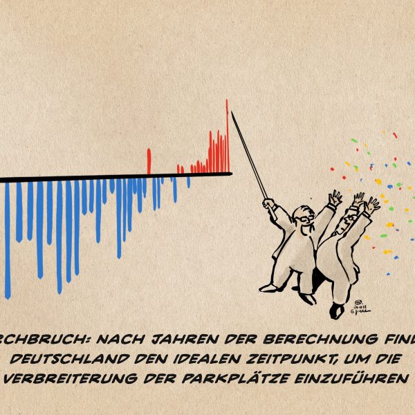 Illustration Zwei Männer jubelnd neben einem Erderwärmungschart, einer zeigt auf den höchsten roten Wert. Textzeile: Durchbruch: Nach Jahren der Berechnung findet Deutschland den idealen Zeitpunkt, um die Verbreiterung der Parkplätze einzuführen
