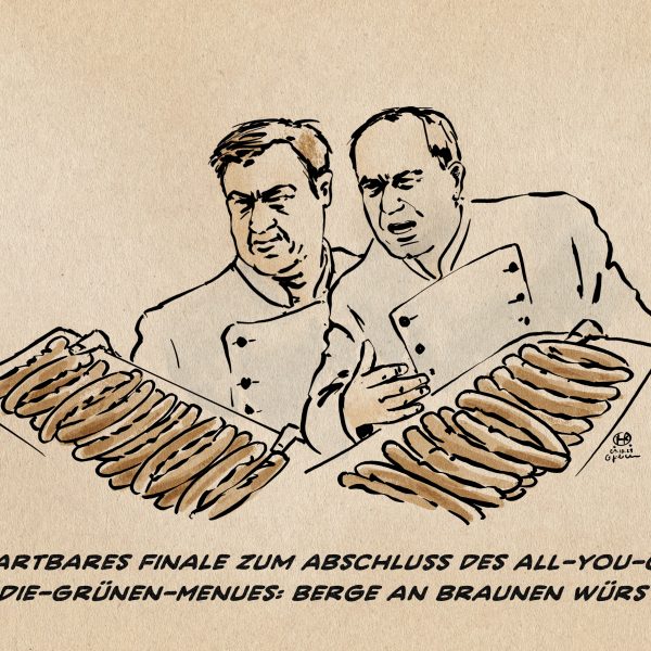 Illustration: Söder und Aiwanger als Köche mit Platten voller Bratwürste. Textzeile: Erwartbares Finale zum Abschluss des All-you-can-Hass-die-Grünen-Menues: Berge an braunen Würstchen