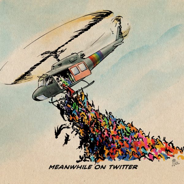 Illustration Ein Rettungs-Hubschrauber an den sich hunderte von Menschen klammern. Er trägt die LGBTQ Farben. textzeile: Meanwhile on Twitter