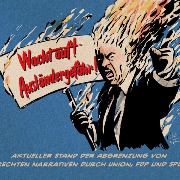Illustration: Ein wutbrennender Mann hält mit der einen Hand fest ein Hinweisschild, während er die andere Hand dem Betrachter zeigend entgegenreckt. Auf dem Schild steht „Wacht auf! auslöndergefahr!“ Textzeile: Aktueller Stand der Abgrenzung von rechten