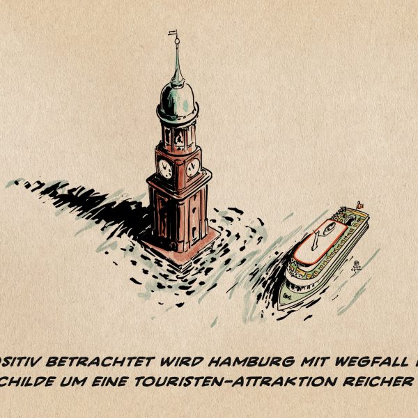 Illustration: Hamburgs Stadtkirche, der Michel, aus der Vogelperspektive. Nur der Turm ragt aus dem Wasser, davor ein Ausflugsschiff mit Menschen. Textzeile: Positiv betrachtet wird Hamburg mit Wegfall der Eisschilde um eine Touristen-Attraktion reicher sein.