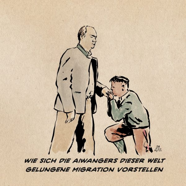 Illustration. Ein junger Mann mit brauner Haut in ländlich bayerischer Kleidung und akkuratem Undercut Haarschnitt kniet vor Aiwanger und küsst dessen dargebotene Hand. Textzeile: Wie sich die Aiwangers dieser Welt gelungene Integration vorstellen.