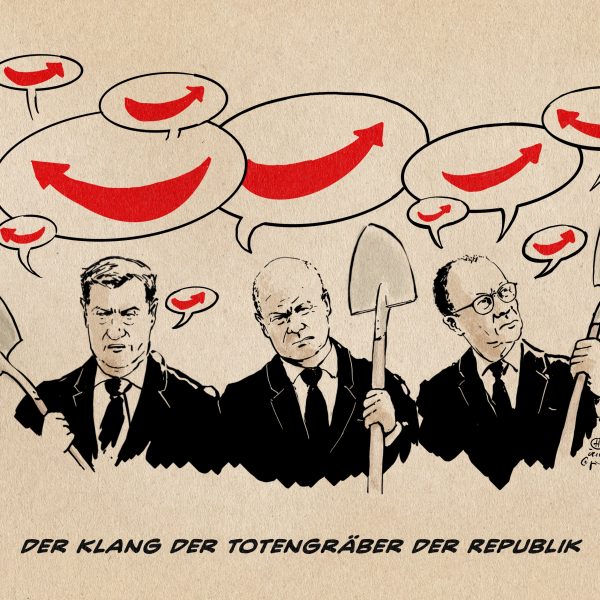 Illustration: Söder, Scholz und Merz mit schaufeln in der den Händen produzieren viele Sprechblasen, die alle das AFD Logo zeigen. Textzeile: Der Klang der Totengräber der Republik