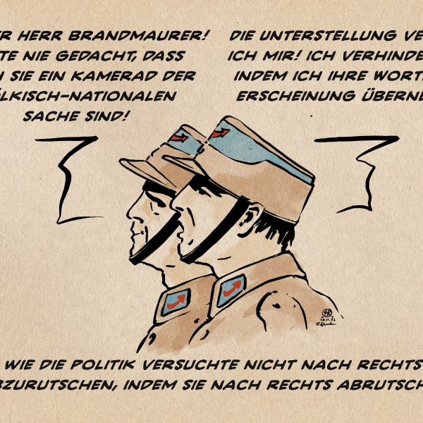 Illustration. Zwei uniformierte in Braunhemden mit AfD Parteiabzeichen unterhalten sich. Uniformierter 1: Ah, der Herr Brandmaurer! Hätte nie gedacht, dass auch sie ein Kamerad der völkisch-Nationalen Sache sind! Uniformierter 2: Die Unterstellung verbitte ich mir! ich verhindere sie, indem ich ihre Worte und Erscheinung übernehme! Textzeile: wie die Politik versuchte nicht nach rechts abzurutschen, indem sie nach rechts abrutschte.