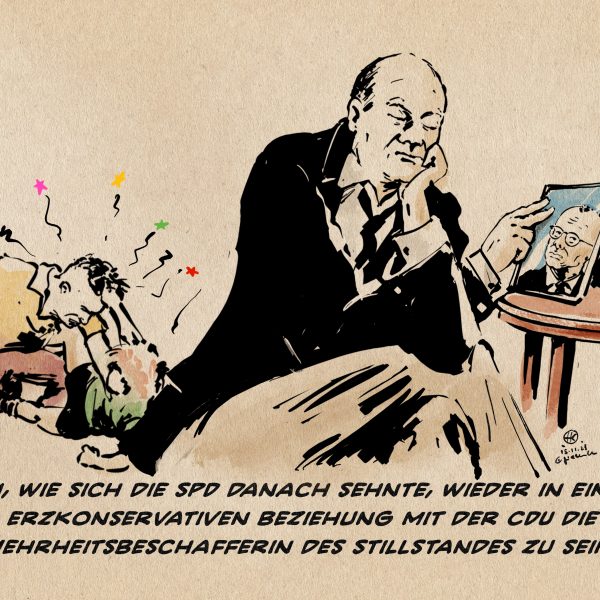 Illustration: Scholz streichelt versonnen und abwesend ein Bild von Merz, dieweil sich hinter ihm die FDP und die Grünen raufen. Textzeile: Oh, wie sich die SPD danach sehnte, wieder in einer erzkonservativen Beziehung mit der CDU die Mehrheitsbeschafferin des Stillstandes zu sein.