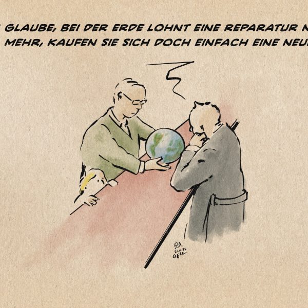 Illustration: Personen an einem Tisch. Ein Mann legt eine Erde auf den Tisch, ein Kind schaut über die Tischkannte. Ein Mann in einem grauen Kittel sagt nachdenklich: Ich glaube da lohnt eine Reparatur nicht mehr, kaufen Sie sich doch einfach eine neue.