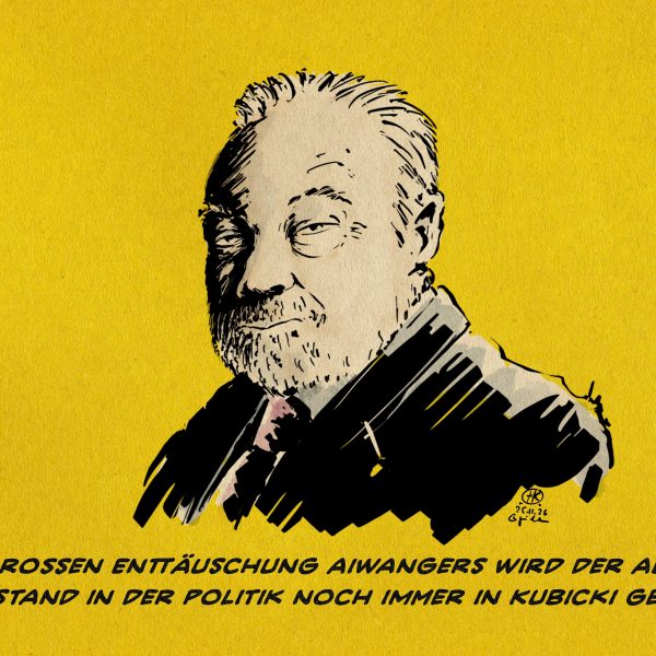 Illustration Eine Zeichnung von Kubicki. Textzeile: Zur großen Entäuschung Aiwangers wird der Abstand zu Anstand in der Politik immer noch in Kubicki gemessen