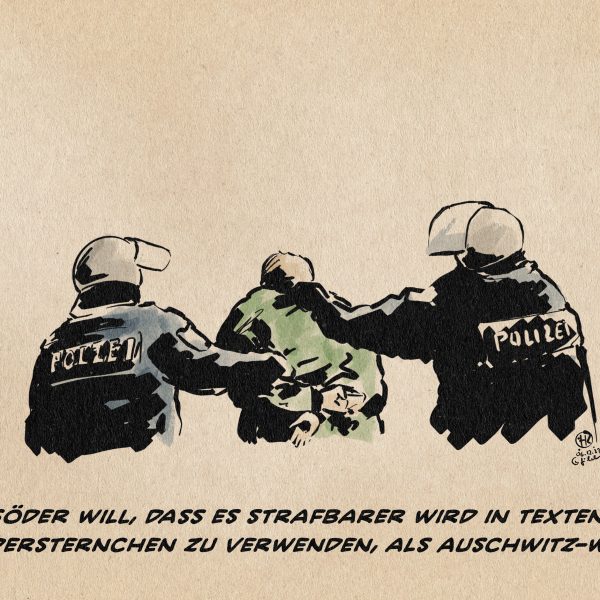 Illustration: Zwei behelmte Polizisten führen eine Person ab. Textzeile: Söder will, dass es strafbarer wird in texten gendersternchen zu verwenden, als Auschwitzwitze