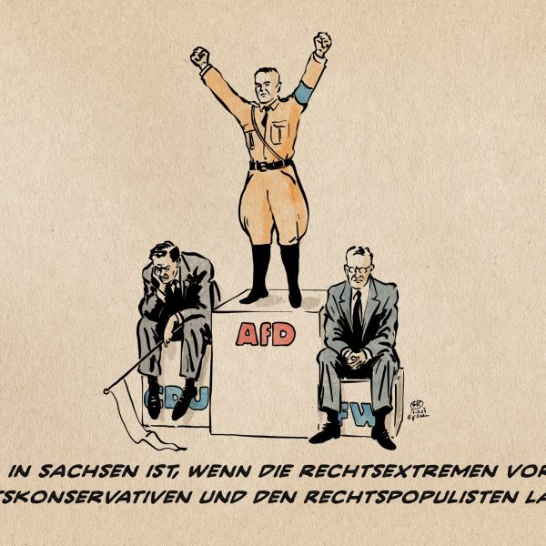 Illustration: Siegertreppchen-oben steht ein Mann in brauner Uniform mit Reiterhosen und Schaftstiefeln mit blauer Armbinde auf dem mit AfD beschrifteten Block. links und rechts davon hocken betrübt CDU und Freie Wähler. Textzeile: Wahl in Sachsen ist, wenn die Rechtsextremen vor den Rechtskonservativen und den Rechtspopulisten landen