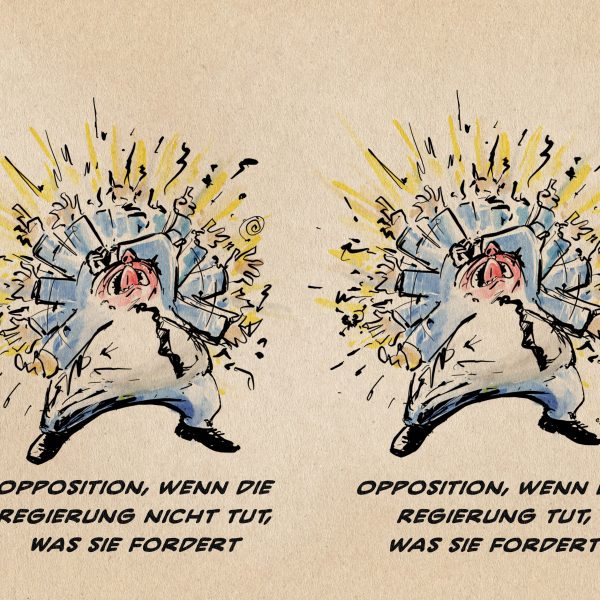 Illustration: zwei identische Abbildungen eines sich wütend gestikulierend wegkreischenden Männchens im Anzug. Textzeilen unter den zwei Abbildungen: Opposition, wenn die Reguerung NICHT tut, was sie fordert. und Opposition, wenn die Regierung tut, was sie fordert.