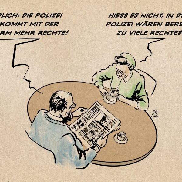Illustration: Zwei Personen am Tisch. Eine liest aus der Zeitung: Endlich: Die Polizei bekommt mit der Reform mehr Rechte. Die andere sinniert hierzu: Hieß es nicht, in der Polizei wären bereits zu viele Rechte?