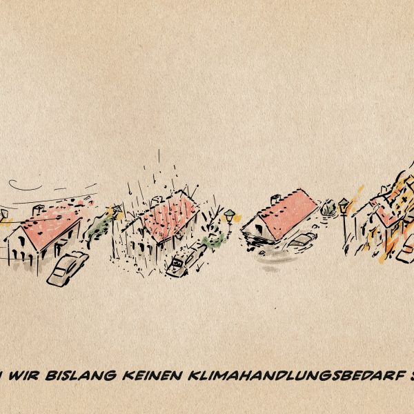 Illustration´: Viermal die selbe Situation: ein Haus mit einem Baum und einem Auto. Mal stürmt es, mal hagelt es, mal ist alles abgesoffen, mal brennt es. Textzeile: Wann wir bislang keinen Klimahandlungsbedarf sehen