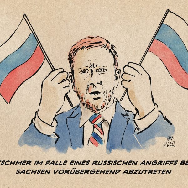 Illustration: Sachsens Ministerpräsident Kretschmer mit Russlandfähnchenn und Russland Krawatte. Textzeile: Kretschmer im Falle eines russischen Angriffs bereit, Sachsen vorübergehend abzutreten.