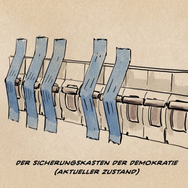 Illustration: Sicherungsaustomaten im Sicherungskasten. Die Automaten sind gegen das Auslösen mit blauem Klebeband ihrer Sicherungsfunktion beraubt. Textzeile: Der Sicherungskasten der Demokratie (Aktueller Zustand)