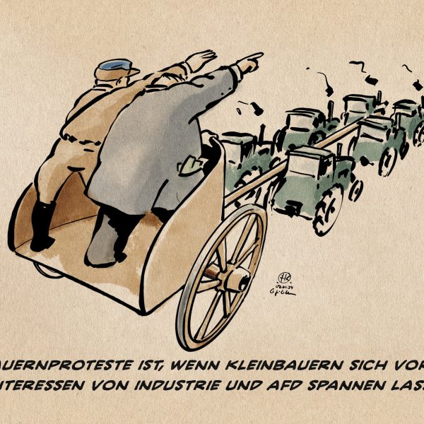 Illustration. Ein römischer Streitwagen wird von Traktoren gezogen. auf dem Streitwagen stehen ein Nazi in Uniform mit deutschem Gruß und ein Bonze dem Geld aus den Taschen quillt den Weg weisend. Textzeile: Bauernproteste ist, wenn Kleinbauern sich vor die Interessen von Industrie und AfD spannen lassen.