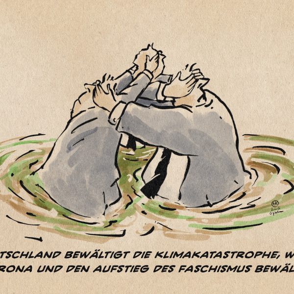 Illustration: Drei Männer stehen im Wasser und halten sich gegenseitig von hinten die Augen zu. Textzeile: Deutschland bewältigt die Klimakrise, wie es Corona und den Aufstieg des Faschismus bewältigt.
