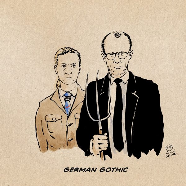Illustration: Bildzitat des bekannten Bildes „American Gothic“ von Grant Wood, 1930 Es zeigt Merz mit Mistgabel, hinter ihm Weidel in der Uniform des Bundes Deutscher Mädel