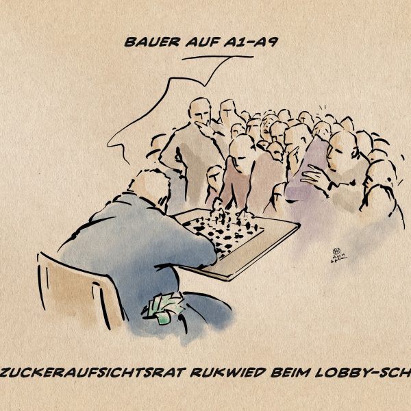 Illustration: Schachspieler sitzt mit dem Rücken zum Betracher, vor ihm ein Schachfeld und eine Menge von rätselnden Menschen. Er hat die Taschen voller Geld und sagt: Bauer auf A1-A9. textzeile: Südzuckeraufsichtsrat Rukwied beim Lobby-Schach