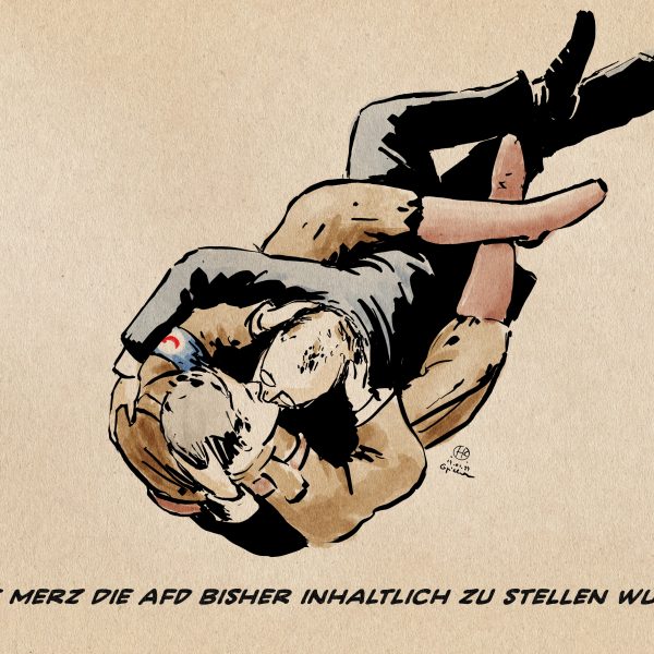 Illustration: Wir sehen von oben zwei Männer sich innig küssend umschlungen. Textzeile: Wie Merz die AfD bisher inhaltlich zu stellen wusste.