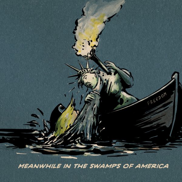 Illustration: Die Freiheitsstatue wird bei Nacht in einem mit Freiheit benannten Boot von einem aus dem Wasser auftauchenden Trump am Hals gepackt und lässt erschrocken ihre Fackel fallen. Textzeile: Meanwhile in the swamps of America