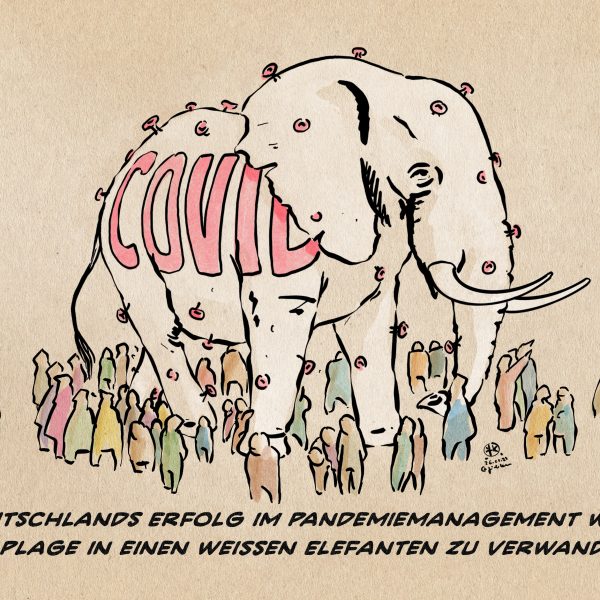 Illustration: ein riesiger, mit Covid beschrifteter weißer Elefant stapft ungesehen durch eine Menge Menschen Textzeile: Deutschlands Erfolg im Pandemiemanagement war, die Plage in einen weißen Elefanten zu verwandeln Illustration: ein riesiger, mit Covid beschrifteter weißer Elefant stapft ungesehen durch eine Menge Menschen Textzeile: Deutschlands Erfolg im Pandemiemanagement war, die Plage in einen weißen Elefanten zu verwandeln