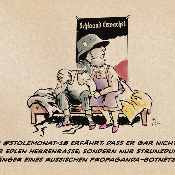 Illustration: ein etwas untersetzter erschütterter Mensch sitzt das Gesicht in der Hand vergraben auf der Bettkannte und wird von einer mütterlichen Mutter getröstet. Er trägt ein Ringerhemd, Shorts und Socken in Reichsfarben in Addiletten. an der Wand ein Propagandaposter mit einem Mann mit deutschem Stahlhelm unter der Schrift in Fraktur SCHLAAND ERWACHE!.