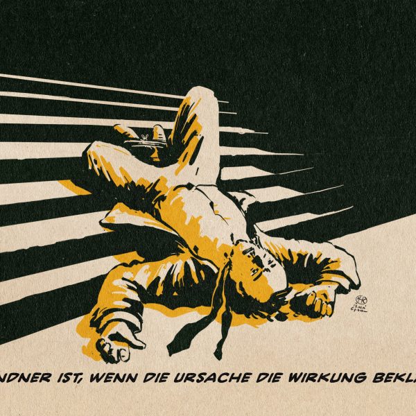 Illustration: Linder liegt mit zusammengebundenen Schuhen rücklings auf der Treppe. Textzeile: Lindner ist, wenn die Ursache die Wirkung beklagt.