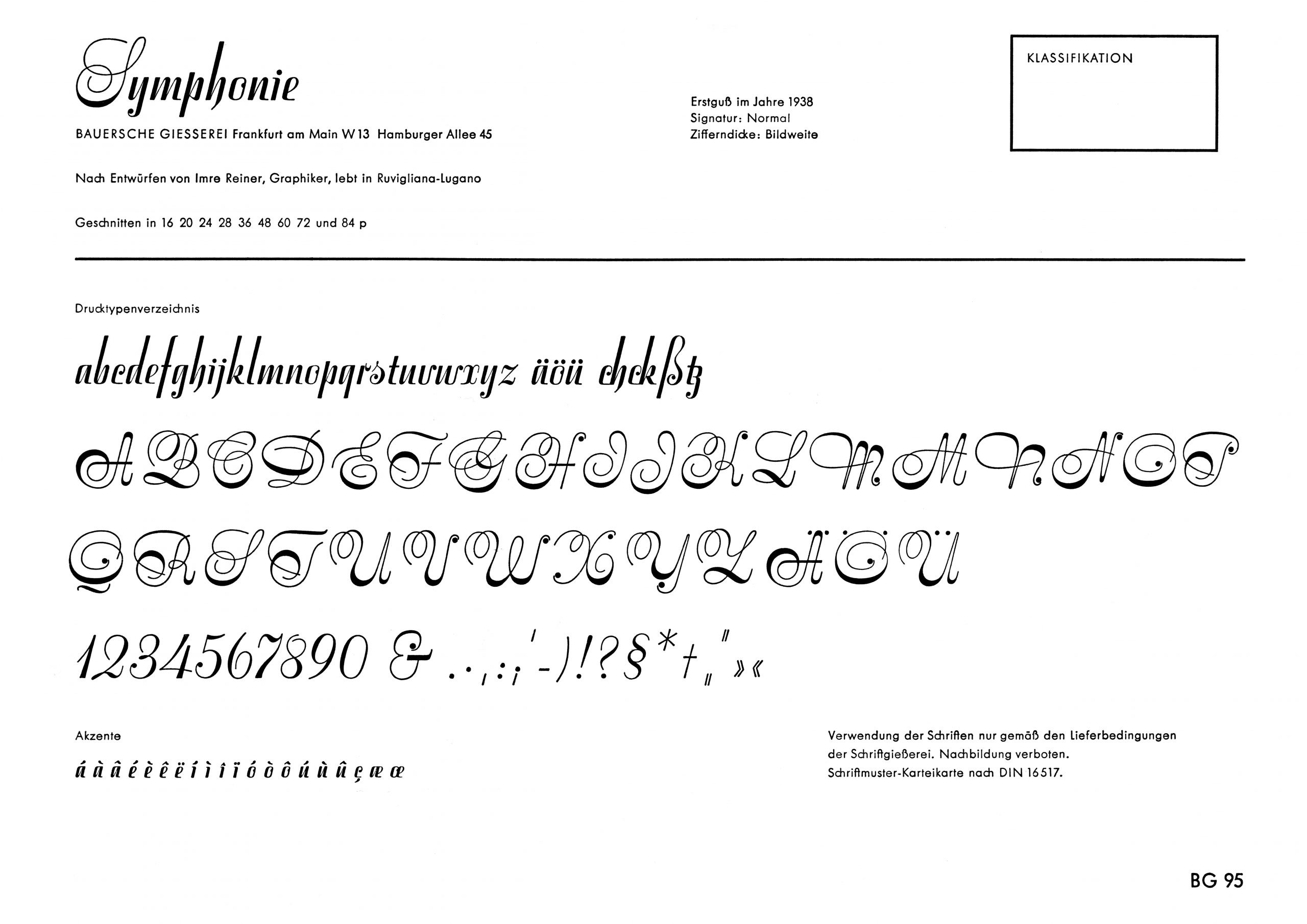 Schriftmusterkarte der Schreibschrift Symphonie