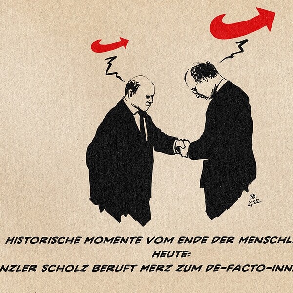 Historisches Karikaturbild mit zwei Männern im Anzug, die sich die Hand geben.