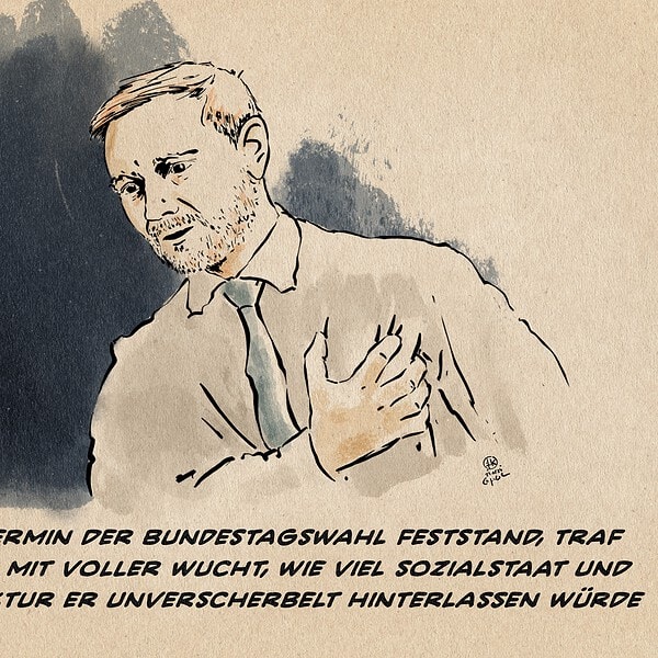 Karikatur eines Mannes mit Hand auf der Brust, symbolisiert politische Diskussionen.