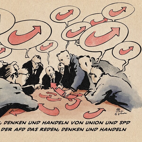 Politiker bei Diskussion mit vielen Sprechblasen mit Aufwärtspfeilen.