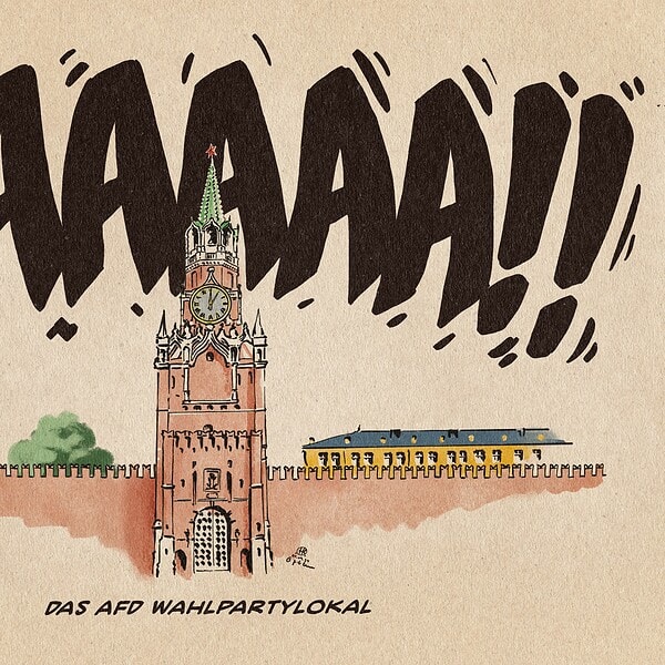 Karikatur des Brandenburger Tors mit lauten Schriftzug JAAAAA!!.