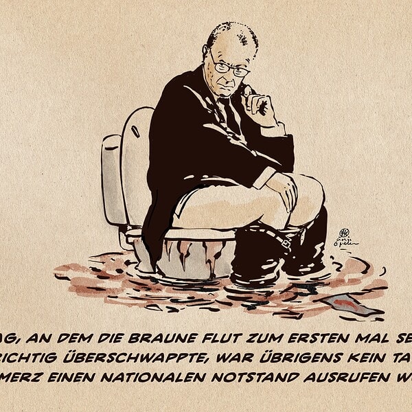 Karikatur eines Mannes, der in Wasser sitzt und nachdenklich aussieht.