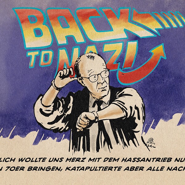 Satirisches Bild mit Nazi-Ästhetik und 'Back to Nazi'-Text.