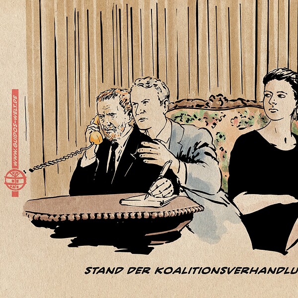 Karikatur von Koalitionsverhandlungen mit drei Personen im Gespräch.