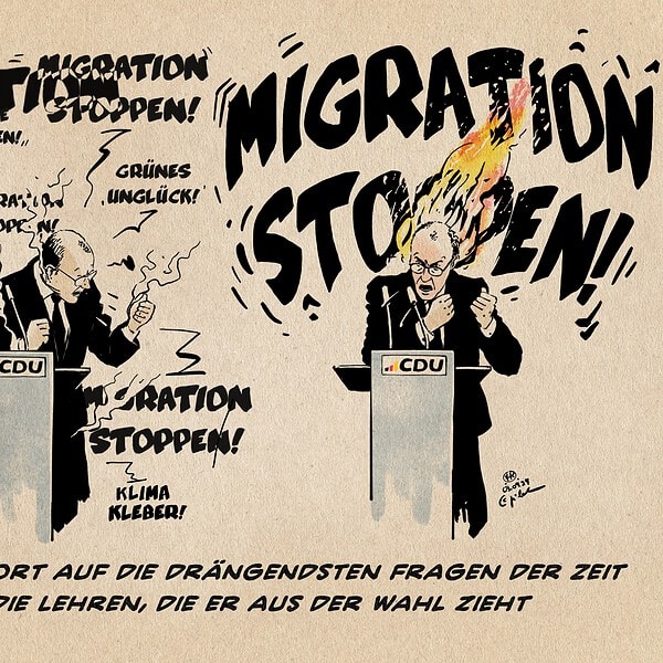 Karikatur eines Politikers bei einer Rede mit Protestparolen gegen Migration.