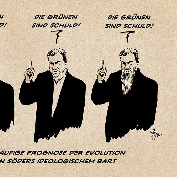 Karikatur mit drei Männern, die auf die Schuld der Grünen hinweisen, satirisch dargestellt.