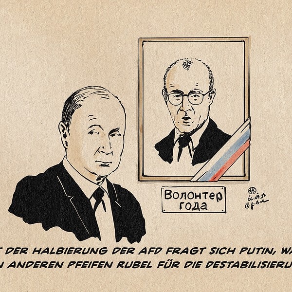 Karikatur mit Putin und einem anderen Mann, mit Slogan gegen Destabilisierung.