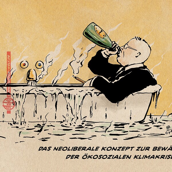 Karikatur zeigt eine Person in einem Boot, die eine Flasche Sekt trinkt, während das Wasser steigt.