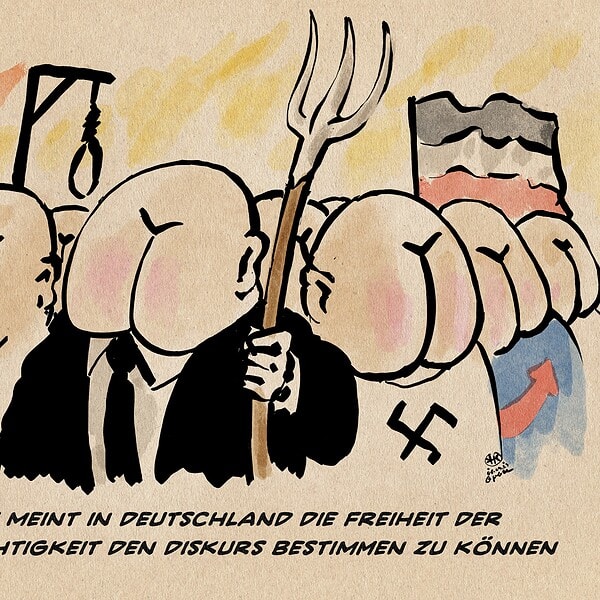 Satirische Karikatur mit Figuren ohne Gesichter, symbolisiert Meinungsfreiheit in Deutschland.