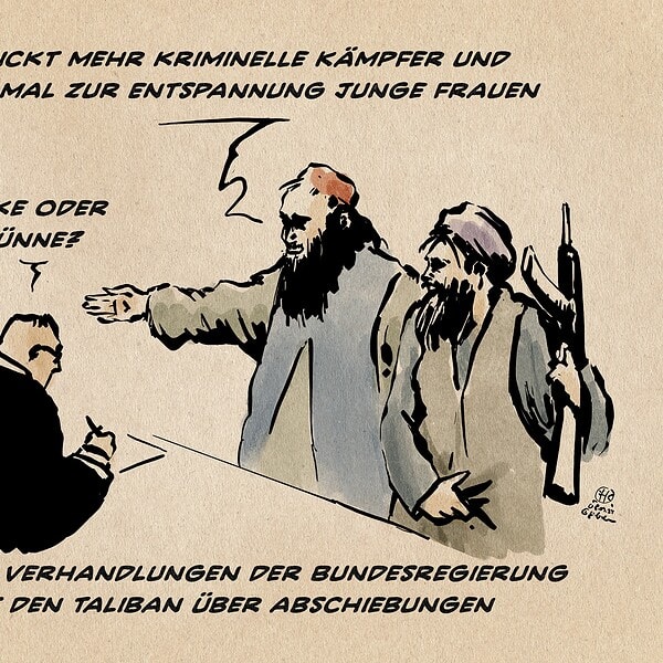 Karikatur zeigt Taliban-Kämpfer bei Verhandlungen mit Bundesregierung.