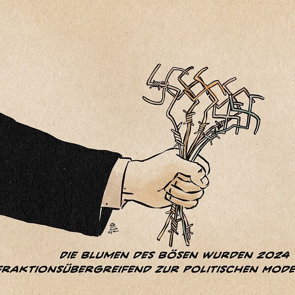 Illustration einer Hand die einen Blumenstrauß aus Stacheldrahrblumen hält, deren Blüten Hakenkreuze bilden. Textzeile: Die Blumen des Bösen wurden 2024 Fraktionsübergreifend zur politischen Modefloristik.