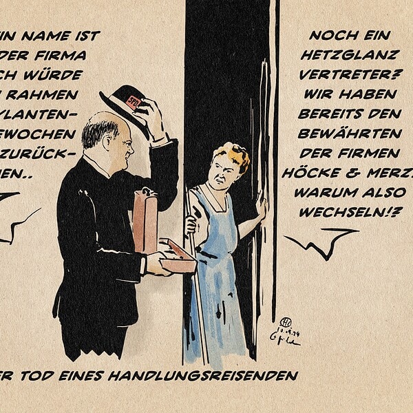 Karikatur eines Handlungsreisenden bei der Arbeit, humorvoll dargestellt.