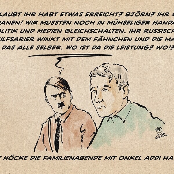 Karikatur mit zwei Männern, die über Politik diskutieren, im Stil der 1950er Jahre.